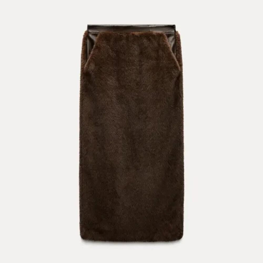 Zara Faux Fur Midi Pencil Skirt Chocolate Brown Leather Waistband XS